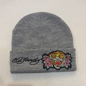 Ed Hardy Y2K Authentic Cozy Gray Beanie with Tiger and Floral Design New